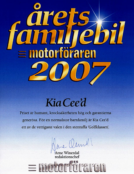 KIA cee´d oceněn ve Švédsku titulem nejlepší „Rodinný vůz roku“