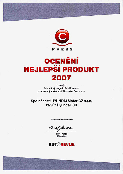 Hyundai i30 získal ocenění „Nejlepší produkt 2007“